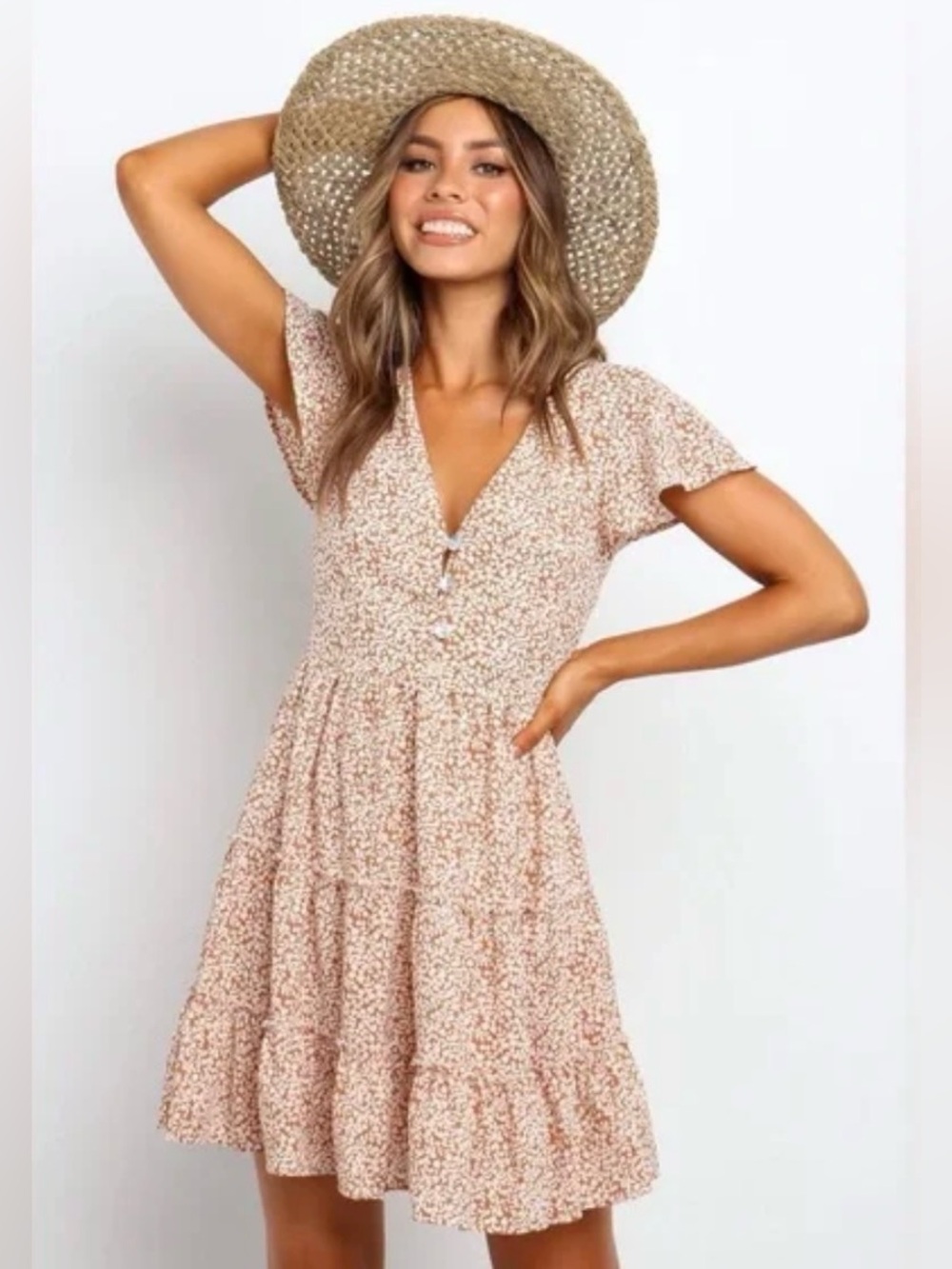 Petal & Pup Ditsy Floral Tiered Mini Dress | Orange & White | Size 4